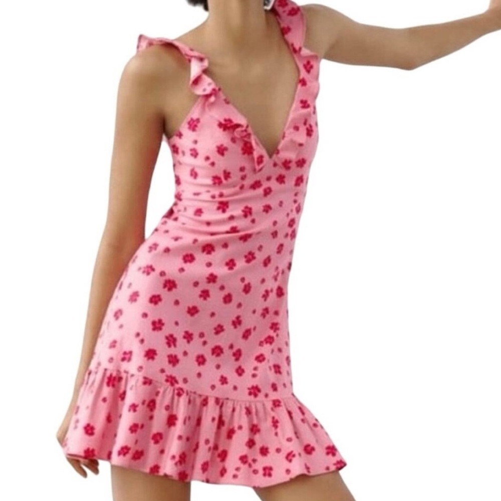 Zara Floral Ruffle Linen V-Neck Mini Dress Pink/Red Sz Small NWT